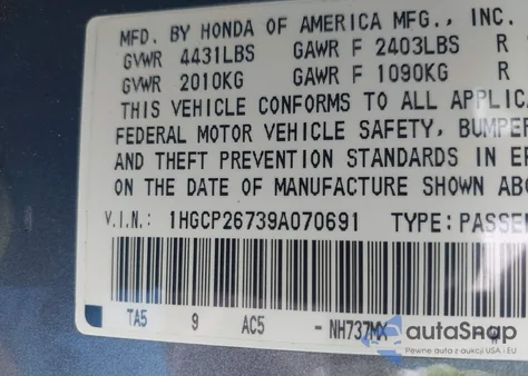 2009 Honda Accord 2.4 Ex from USA, damaged, VIN 1HGCP26739A070691
